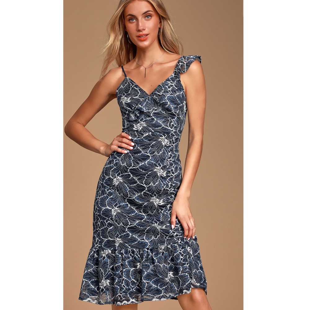 Lulu’s Fleur Navy Blue Lace Midi Dress